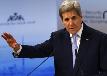 U.S. Secretary of State, John Kerry, gestures during his speech   at the Security Conference in Munich, Germany, Saturday, Feb. 13, 2016. (AP Photo/Matthias Schrader)