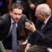 German Finance Minister Wolfgang Schaeuble, right, speaks with Dutch Finance Minister Jeroen Dijsselbloem during a meeting of Eurogroup finance ministers at the EU Council building in Brussels, Monday, Feb. 16, 2015. Greeces radical left government and its European creditors headed into new talks Monday on the debt-heavy countrys stuttering bailout program, but expectations are low despite a fast-approaching deadline for some kind of deal. (AP Photo/Geert Vanden Wijngaert)