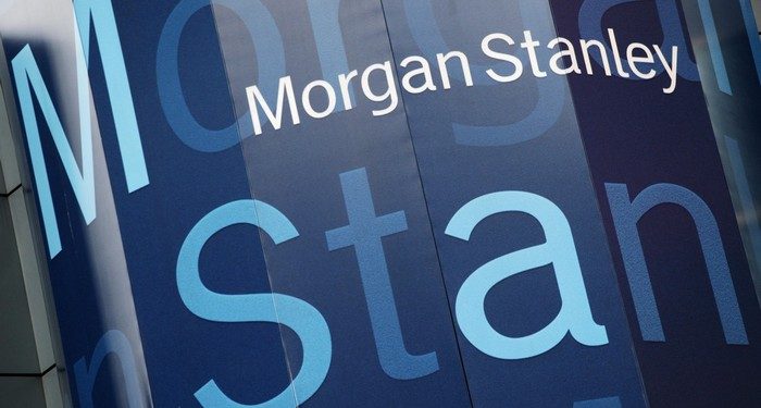 FILE - In this Tuesday, Oct. 18, 2011, file photo, the Morgan Stanley logo is displayed on its Times Square building, in New York. Morgan Stanley, on Monday, April 20, 2015, said its quarterly profit surged 60 percent as revenue from trading stocks and bonds lifted the investment bank's results. (AP Photo/Mark Lennihan, File)