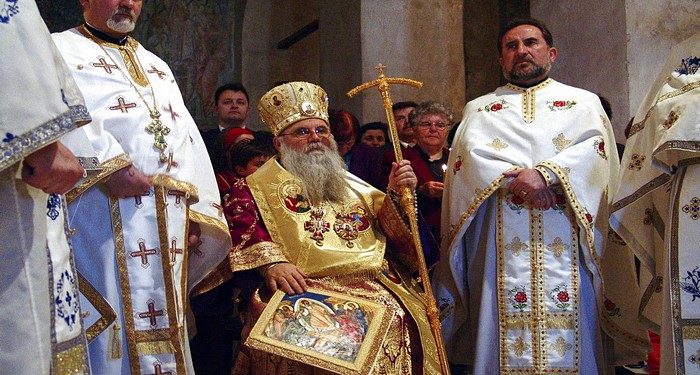 Macedonia (the former yugoslav republic of macedonia, fyrm) easter sunday mass led by archbishop timotei (center). Saint sofia orthodox church, ohrid