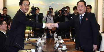 <> on January 9, 2018 in Panmunjom, South Korea. South and North Korea are scheduled to begin their first official face-to-face talks in two years on Tuesday, January 9, 2017.
