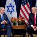US President Donald Trump listens while Israel's Prime Minister Benjamin Netanyahu makes a statement for the press before a meeting at the Palace Hotel during the 72nd session of the United Nations General Assembly on September 18, 2017, in New York. / AFP PHOTO / Brendan Smialowski        (Photo credit should read BRENDAN SMIALOWSKI/AFP/Getty Images)