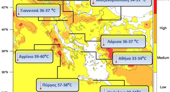 Χάρτης 1. Αίσθημα δυσφορίας και μέγιστες θερμοκρασίες το μεσημέρι της Κυριακής 11/08