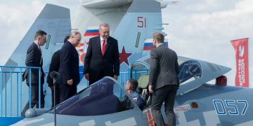 MOSCOW REGION, RUSSIA - AUGUST 27, 2019: Russia's President Vladimir Putin and Turkey's President Recep Tayyip Erdogan (L-R center) during the opening of the MAKS-2019 International Aviation and Space Salon in the town of Zhukovsky, Moscow Region. Mikhail Metzel/TASS