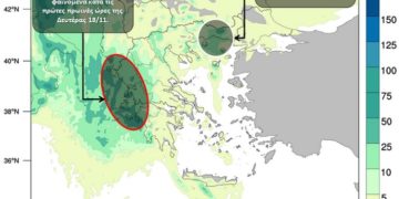 Χάρτης 1.Τα αθροιστικά ύψη βροχής από την Κυριακή 17/11 έως τις απογευματινές ώρες της Δευτέρας 18/11/2019, όπως εκτιμάται από το αριθμητικό μοντέλο πρόγνωσης καιρού BOLAM, του Εθνικού Αστεροσκοπείου Αθηνών / meteo.gr. Με κύκλο περικλείονται οι περιοχές όπου αναμένονται τα έντονα φαινόμενα.