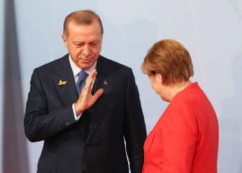 HAMBURG, GERMANY - JULY 07:  German Chancellor Angela Merkel (R) welcomes Turkish President Recep Tayyip Erdogan at the start of the the G20 summit on July 7, 2017 in Hamburg, Germany. Leaders of the G20 group of nations are meeting for the July 7-8 summit. Topics high on the agenda for the summit include climate policy and development programs for African economies.  (Photo by Matt Cardy/Getty Images)