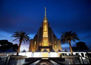The Rome Italy Temple of The Church of Jesus Christ of Latter-day Saints is pictured after sunset on Sunday, Jan. 13, 2019.