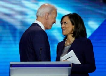 FILE - In this Sept. 12, 2019, file photo, Democratic presidential candidate former Vice President Joe Biden, left, and then-candidate Sen. Kamala Harris, D-Calif. shake hands after a Democratic presidential primary debate hosted by ABC at Texas Southern University in Houston. Biden has chosen Harris as his running mate. (AP Photo/David J. Phillip, File)