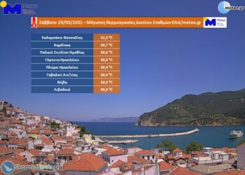 Χάρτης. Οι οκτώ υψηλότερες μέγιστες θερμοκρασίες του Σαββάτου 29/05/2021, όπως καταγράφτηκαν από το δίκτυο αυτόματων μετεωρολογικών σταθμών του Εθνικού Αστεροσκοπείου Αθηνών / meteo.gr, με την καλοκαιρινή εικόνα της μετεωρολογικής κάμερας από το νησί της Σκοπέλου, η οποία ανήκει στο δίκτυο καμερών του Εθνικού Αστεροσκοπείου Αθηνών / meteo.gr.