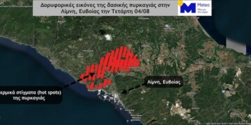 Εικόνα 1: Δορυφορική εικόνα των εκτιμώμενων θερμικών στιγμάτων (hot spots) απο τους δορυφόρους Suomi NPP και NOAA-20 της πυρκαγιάς στην Λίμνη, Ευβοίας την Τετάρτη 04/08.