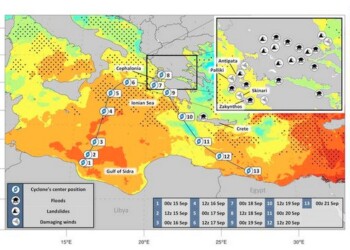 Εικόνα 1. Η πορεία που διένυσε ο Μεσογειακός Κυκλώνας Ιανός (μαύρη καμπύλη) μεταξύ 15 και 21 Σεπτεμβρίου 2020 και οι περιοχές που δέχθηκαν πλημμύρες, κατολισθήσεις και καταστροφικούς ανέμους (ένθετος χάρτης). 