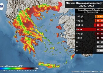 Εικόνα. Οι μέγιστες θερμοκρασίες που αναμένονται την Πέμπτη 28/07, όπως υπολογίστηκαν από το αριθμητικό μοντέλο πρόγνωσης καιρού του Εθνικού Αστεροσκοπείου Αθηνών / Meteo.gr και ο αριθμός του πληθυσμού που θα επηρεαστεί ανά εύρος θερμοκρασιών.