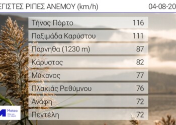 Όπως ενημερώσαμε, ενισχυμένο παρέμεινε το μελτέμι στο Αιγαίο την Πέμπτη 04/08. Δύο σταθμοί του δικτύου του Εθνικού Αστεροσκοπείου Αθηνών/meteo.gr κατέγραψαν ριπές πάνω από 100 χλμ/ώρα.