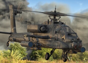 Boeing AH-64 Apache flying over the battlefield