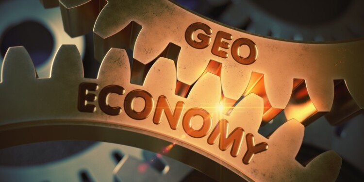 Geo Economy on the Mechanism of Golden Cog Gears with Glow Effect. Geo Economy Golden Metallic Cog Gears. 3D Rendering.