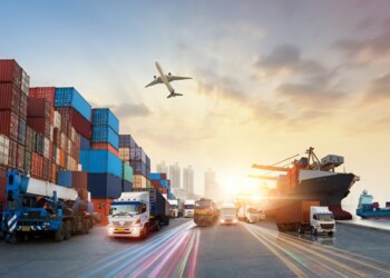 Global business of Container Cargo freight train for Business logistics concept, Air cargo trucking, Rail transportation and maritime shipping, Online goods orders worldwide