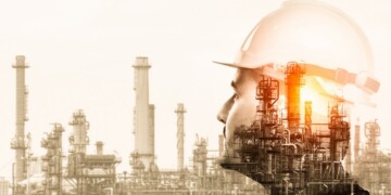 Future factory plant and energy industry concept in creative graphic design. Oil, gas and petrochemical refinery factory with double exposure arts showing next generation of power and energy business.
