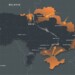 Military conflict between Ukraine and Russia. Black poster with borders of state and hot spots with war, occupation, struggle and protection. Geopolitical crisis. Cartoon realistic vector illustration