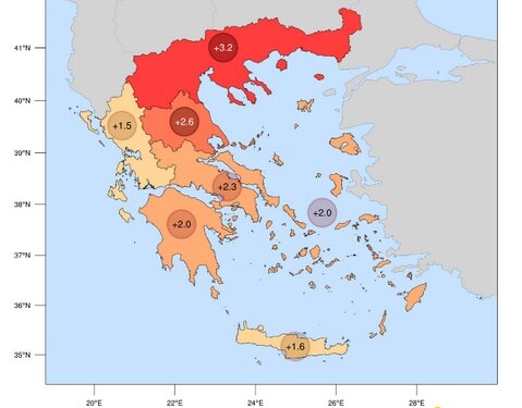 H μέση μηνιαία τιμή της μέγιστης θερμοκρασίας τον Ιανουάριο 2023 ήταν η υψηλότερη των τελευταίων 14 ετών στο μεγαλύτερο μέρος της χώρας. 