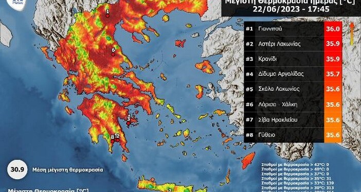 Άνοδος της θερμοκρασίας παρατηρήθηκε την Πέμπτη 22/6 σε σχέση με την Τετάρτη 21/6, η οποία στη Μακεδονία και τα Νησιά του Ανατολικού Αιγαίου ήταν ιδιαίτερα αισθητή, με αύξηση περίπου 3 έως 5 βαθμών Κελσίου σε ένα 24ωρο.