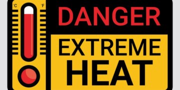 Vector high temperature warning square sign. Extreme hot thermometer temperature conditions danger heat symbol, banner, poster or sticker for public places. Illustration isolated on background