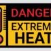 Vector high temperature warning square sign. Extreme hot thermometer temperature conditions danger heat symbol, banner, poster or sticker for public places. Illustration isolated on background