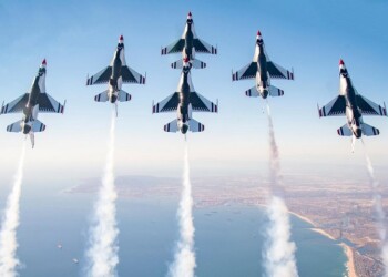 The U.S. Air Force Air Demonstration Squadron “Thunderbirds” perform at The Great Pacific Air Show in Huntington Beach, Calif., Oct. 19, 2018. The Delta is a display of aerial teamwork and the perfect way to close the show and instill patriotic pride. (U.S. Air Force photo by Tech. Sgt. Ned T. Johnston)