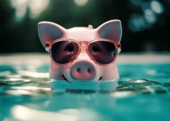 piggy bank in pool, saving money for vacation time. Generative Ai