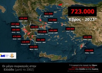 Εικόνα 1. Οι μέγα-πυρκαγιές στην Ελλάδα από το 2002 μέχρι και το 2023 (23/08).