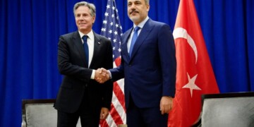 U.S. Secretary of State Antony Blinken and Turkey's Foreign Minister Hakan Fidan greet each other in New York, Friday, Sept. 22, 2023.   (Bing Guan/Pool Photo via AP)