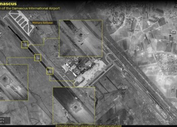 This handout satellite image obtained from ImageSat International (ISI), shows close-ups of repairs to the damage to the military runway (L) at Damascus International Airport on the southeastern outskirts of Syria's capital on June 15, 2022. - A Damascus runway damaged by an Israeli strike that caused the airport to shut down will be operational "within the next few days", Syria's transport minister told local media on June 12. Flights were halted at Damascus International Airport after an Israeli strike on June 10 caused "sizeable damage" to its only operational runway, authorities said. (Photo by ImageSat International (ISI) / AFP) / RESTRICTED TO EDITORIAL USE - MANDATORY CREDIT "AFP PHOTO / ImageSat International (ISI)" - NO MARKETING NO ADVERTISING CAMPAIGNS - DISTRIBUTED AS A SERVICE TO CLIENTS