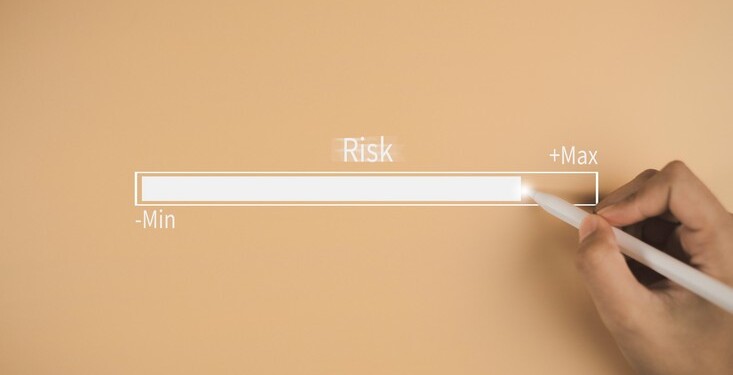 High and low impact for business security, Risk management control. Businessman write on indicator rating chance level to increase exposure for danger financial investment, Reduction strategy.
