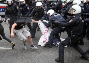 Police forces  clash with counter demonstrators during a rally of the group 'Austrian protesters against migrants'  in Vienna, Austria, Saturday, June 11, 2016. (AP Photo/Ronald Zak)