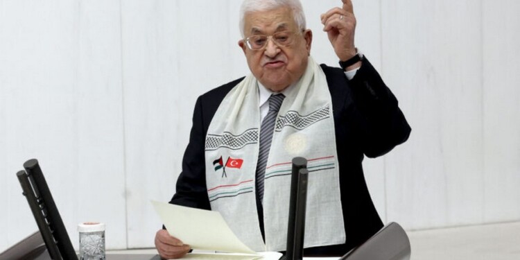 Palestinian Authority president Mahmud Abbas adresses a speech at Grand National Assembly of Turkey in Ankara on August 15, 2024. Palestinian Authority president Mahmud Abbas met with Turkey's President Recep Tayyip Erdogan on August 14, 2024 in Ankara for talks on a ceasefire and peace. (Photo by Adem ALTAN / AFP)
