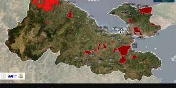 Εικόνα 1. Περίμετρος των καμένων εκτάσεων στην Περιφερειακή Ενότητα Κορινθίας από το 2010 ως σήμερα. Με αποχρώσεις του σκούρου κόκκινου αποτυπώνονται οι εκτάσεις που έχουν καεί από το 2010 μέχρι και το 2023 και με κόκκινο η έκταση της πρόσφατης πυρκαγιάς (ως τις 01/10).