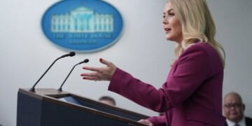 White House press secretary Karoline Leavitt speaks during a briefing at the White House, Tuesday, Jan. 28, 2025, in Washington. (AP Photo/Evan Vucci)