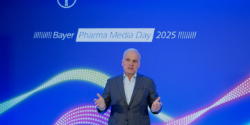 Stefan Oelrich, Member of the Board of Management and President Bayer Pharmaceuticals delivers his opening remarks during the Bayer Pharma Media Days in Berlin