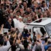 Pope Francis tours St. Peter's Square in his popemobile after bestowing the Urbi et Orbi (Latin for to the city and to the world) blessing at the end of the Easter mass presided over by Cardinal Angelo Comastri in St. Peter's Square at the Vatican Sunday, April 20, 2025.(AP Photo/Gregorio Borgia)
