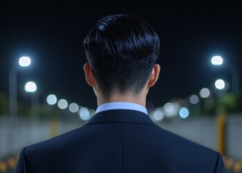 A businessman stands at a border checkpoint at night, with flashing lights highlighting the significance of digital trade and evolving economic regulations in a global context.