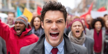 photo of happy corporate executive in business suit surrounded by angry protestors --ar 2:1 --profile 7u4vife --v 7 Job ID: 9d9715a8-403c-468b-89c1-f07770ca2f17
