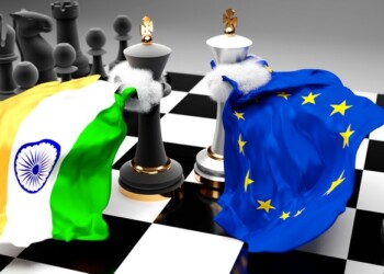 India EU Europe crisis, clash, conflict and debate between those two countries that aims at a trade deal or dominance symbolized by a chess game with national flags, 3d illustration