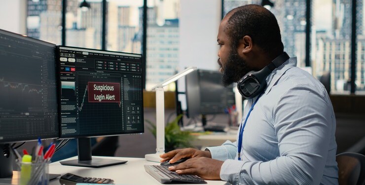 Forex investment consultant investigating suspicious access on trading account. African american man in office worried about security popup on PC about attempted breach of client account