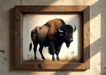 Hand-made painting of powerful bison stands in rustic wood frame on wall. Artwork shows strong brown, black buffalo. Sunlight casts long shadows on textured wall. Wildlife art good for home room